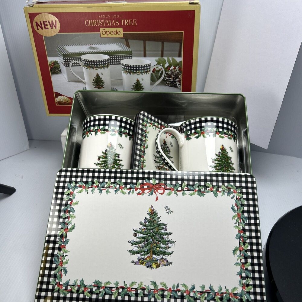 Spode Christmas Tree Annual 5 Piece Mug Tin Set 2 Cups Coasters Holiday NIB